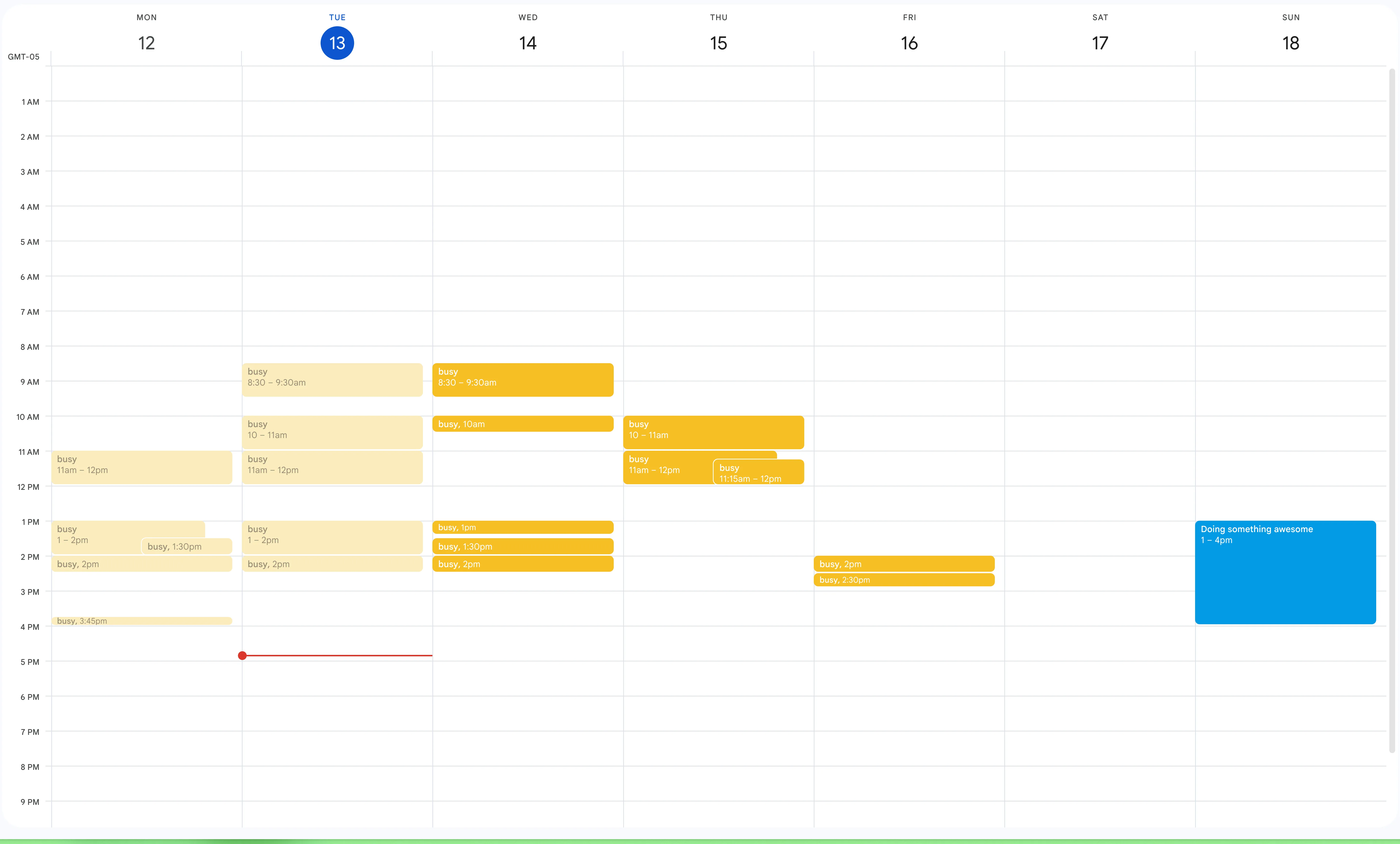 A screenshot of a calendar with Monday being the first day of the week. There are some events on the calendar during the week, all titled "busy", and an event coming up on Sunday at 1pm called "Doing something awesome"